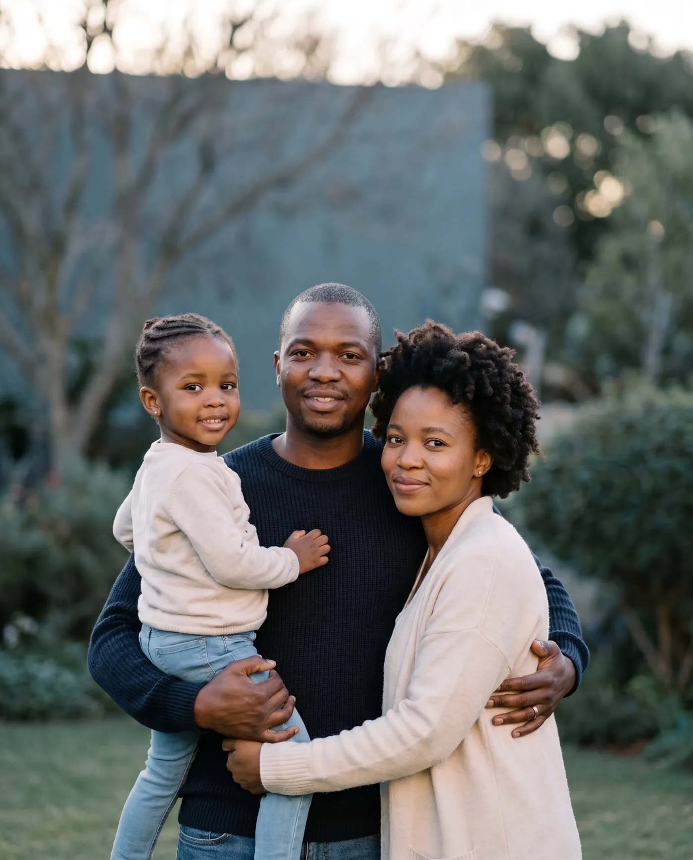 A smiling family of three — a mother, a father and their young daughter in his arms — embracing in a garden at dusk