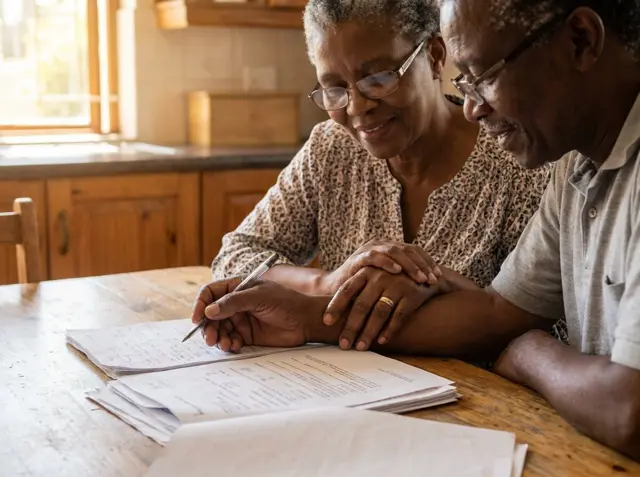 An older couple seated at a kitchen table reviewing documents together