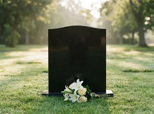 A polished black granite headstone on a lawn with white lilies at its base